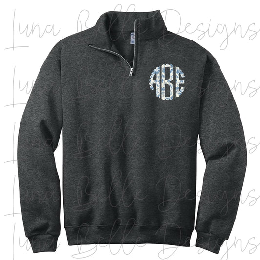 Quarter zip pullover with monogram grand millennial blue